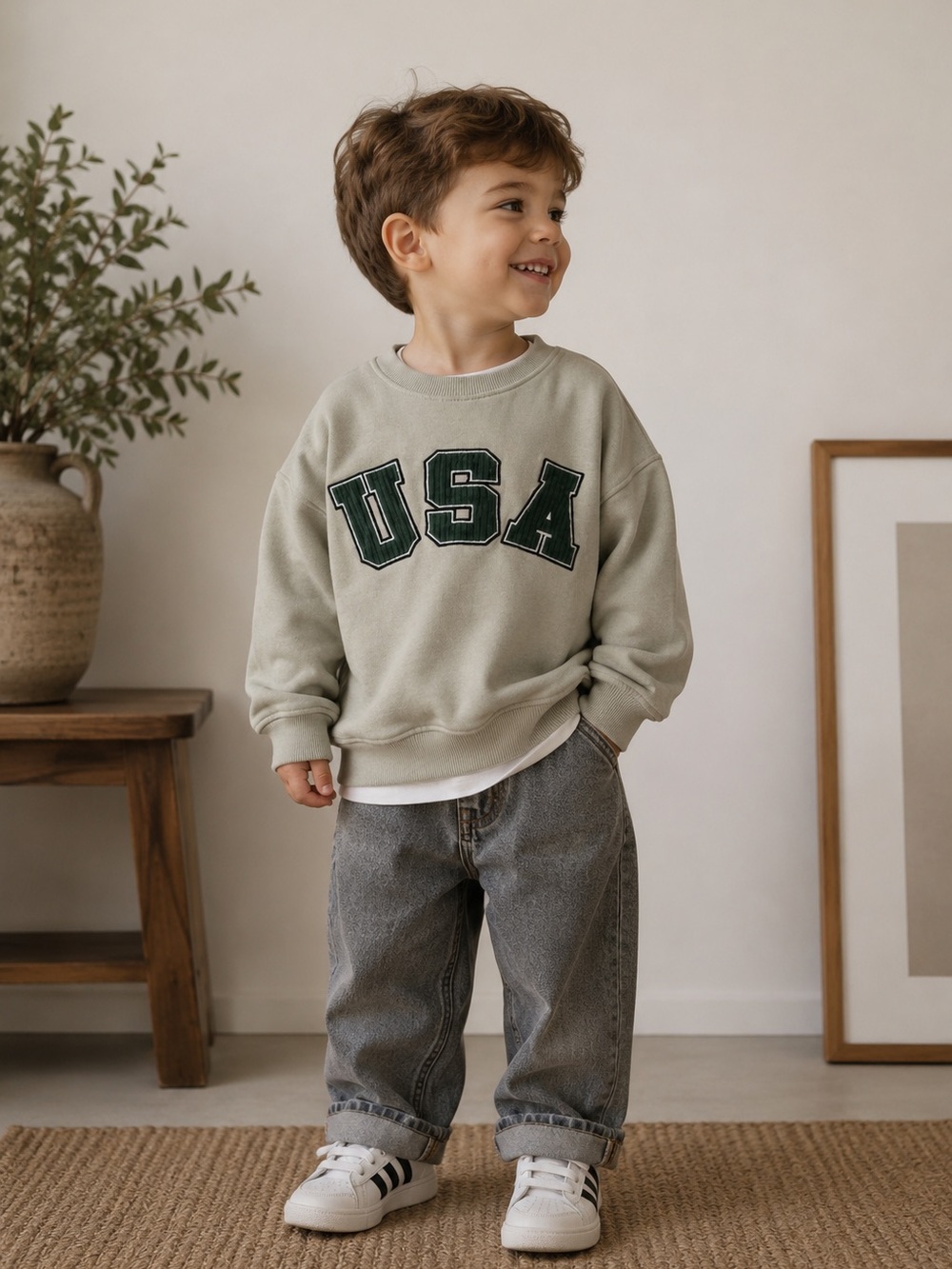 Zara Kids Lite Sage Oversized Crewneck Sweater with corduroy USA Design 4Y